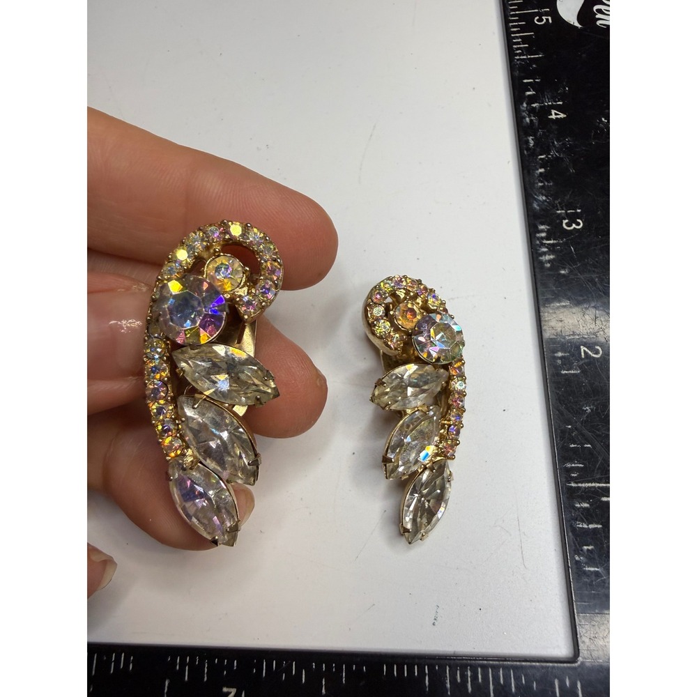 Vintage AB Rhinestone Clear Marquise Clip On Earrings Gold Tone Sweep Climber